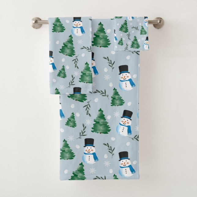 Cute Watercolor Winter Snow Pattern Bath Towel Set (Insitu)