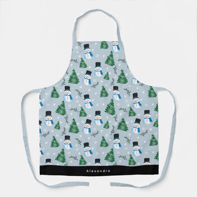 Cute Watercolor Winter Snow Pattern Custom Name Apron (Front)