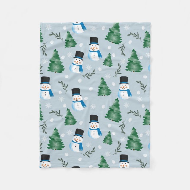 Cute Watercolor Winter Snow Pattern Fleece Blanket (Front)