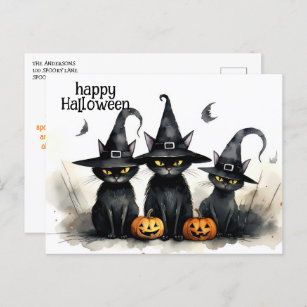 Cute Watercolor Witchy Cats Pumpkins Halloween Postcard