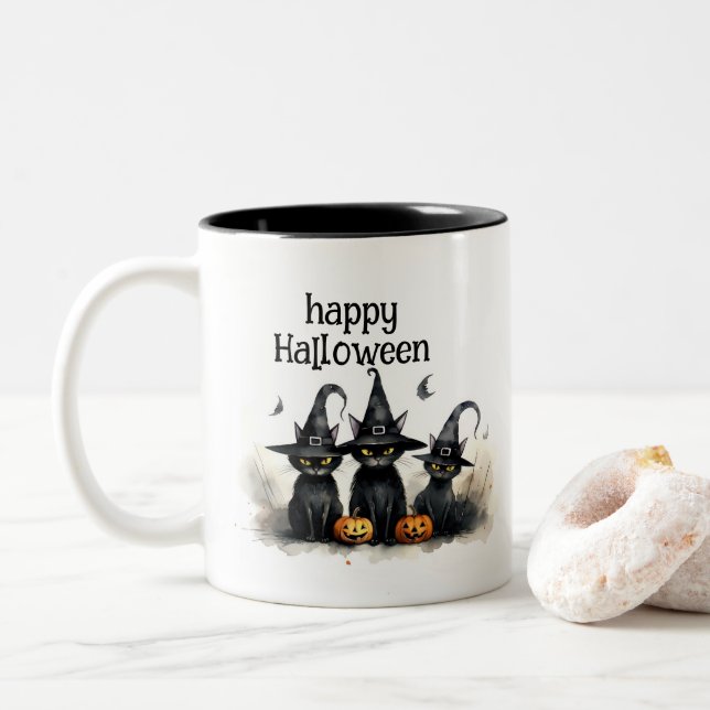 Cute Watercolor Witchy Cats Pumpkins Two-Tone Coffee Mug (With Donut)
