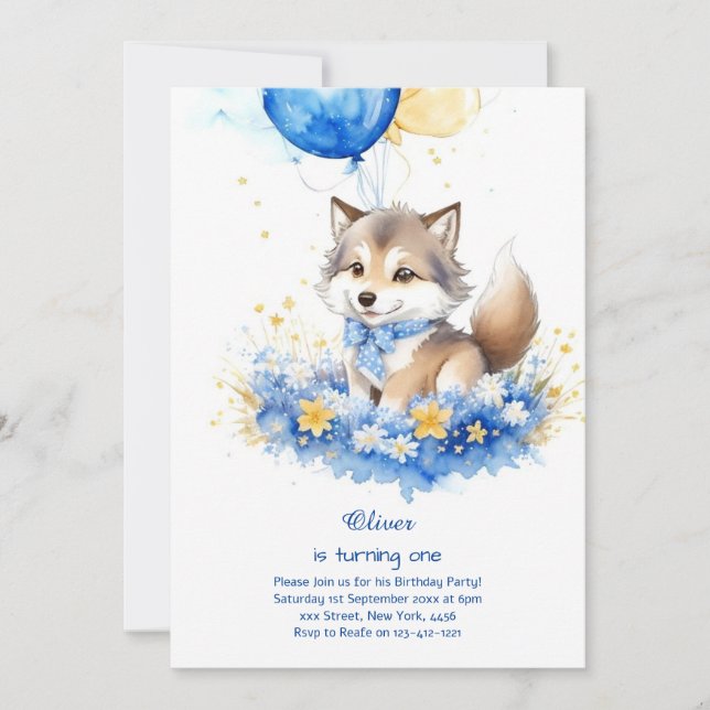 Cute Watercolor Wolf First Birthday Invitation (Front)
