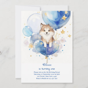 Cute Watercolor Wolf First Birthday Invitation