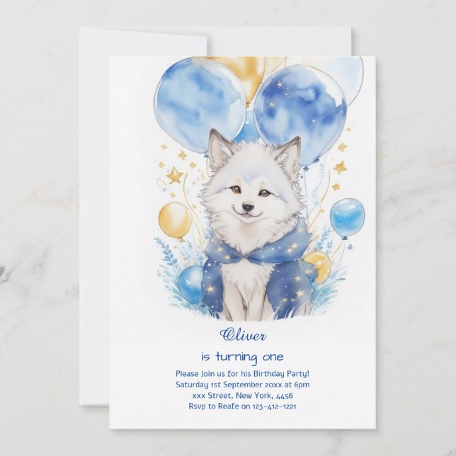 Cute Watercolor Wolf First Birthday Invitation (Front)