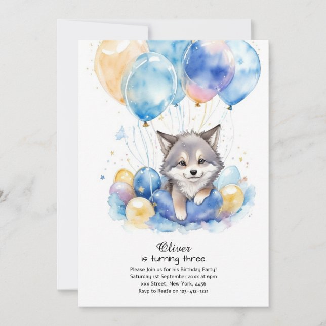 Cute Watercolor Wolf Pup Birthday Invitation (Front)