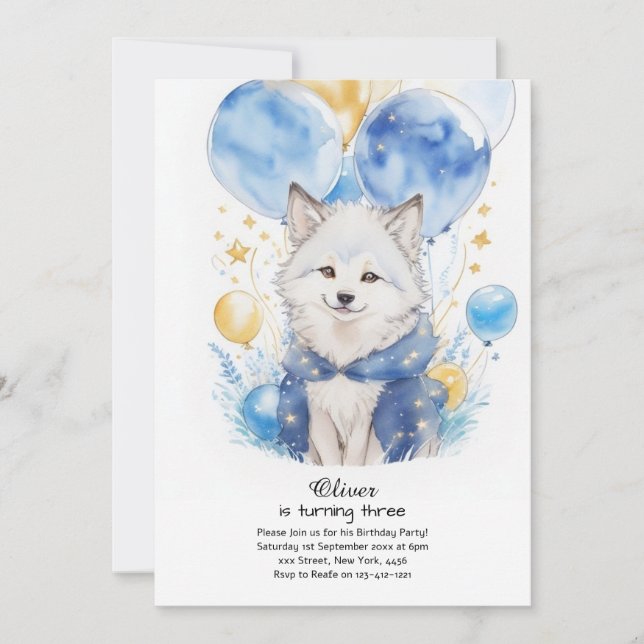 Cute Watercolor Wolf Pup Birthday Invitation (Front)