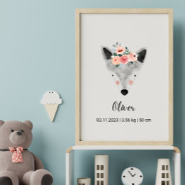 Cute Watercolor Wolf w/Flowers | Boho Nursery Post Poster