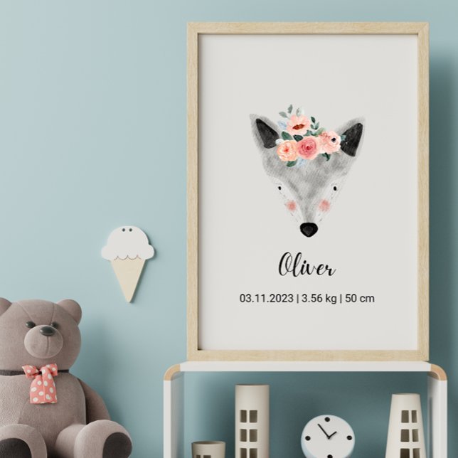 Cute Watercolor Wolf w/Flowers | Boho Nursery Post Poster (Creator Uploaded)