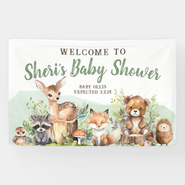 Cute Watercolor Woodland Animal Baby Shower Banner (Horizontal)