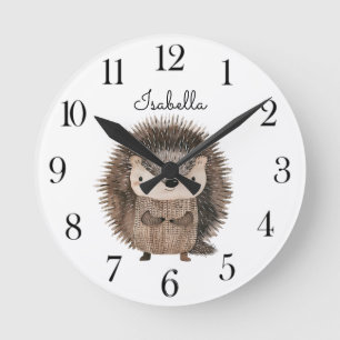 Cute Watercolor Woodland Animal Hedgehog Nursery  Round Clock