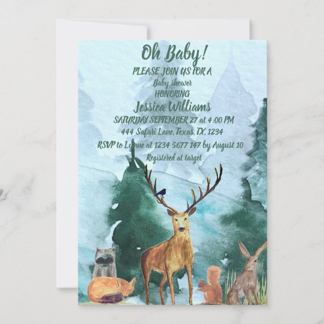 Cute Watercolor Woodland Animals Baby shower Invitation (Front)