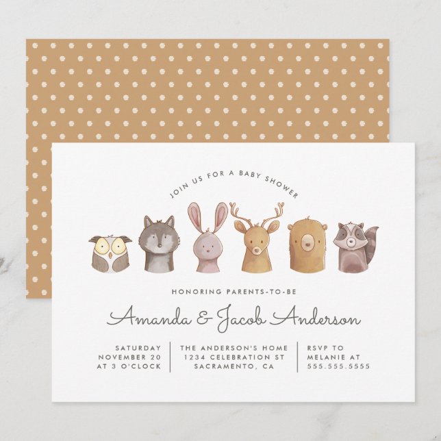 Cute Watercolor Woodland Animals Baby Shower Invitation (Front/Back)