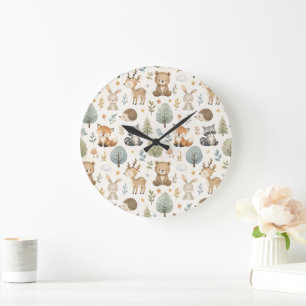 Cute Watercolor Woodland Animals - Nursery Large Clock