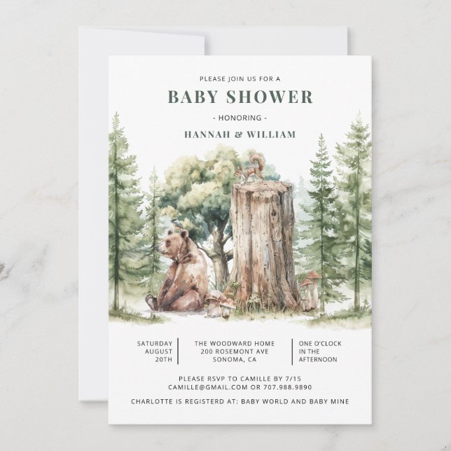 Cute Watercolor Woodland Bear Forest Baby Shower Invitation (Front)