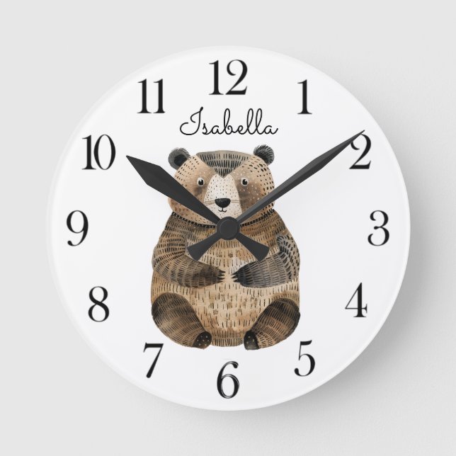 Cute Watercolor Woodland Bear  Round Clock (Front)