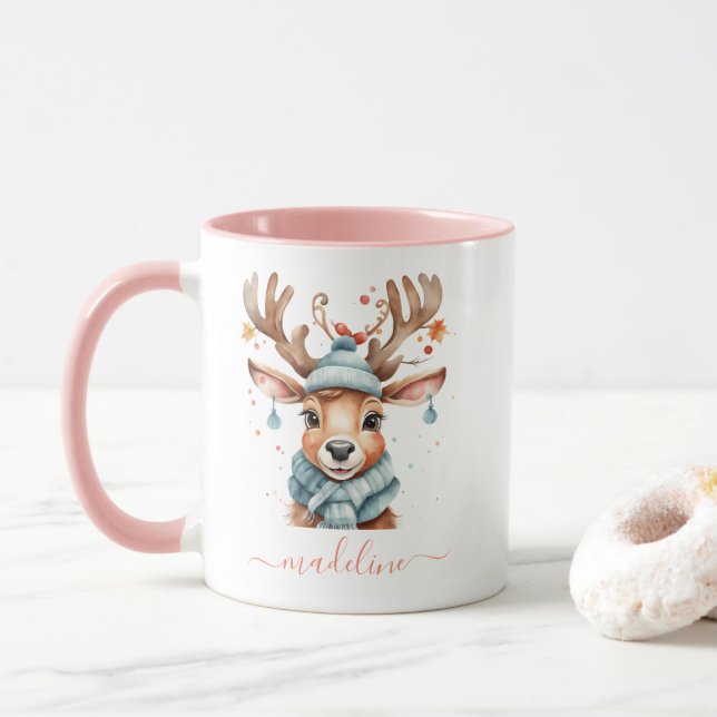 Cute Watercolor Woodland Christmas Reindeer  Mug (With Donut)