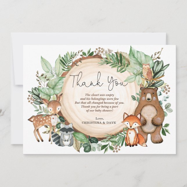 Cute Watercolor Woodland Forest Animals Thank You Card (Front)