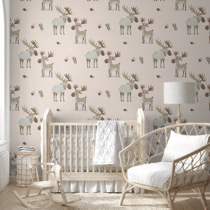 Cute Watercolor Woodland Moose Boho Nursery Wallpaper