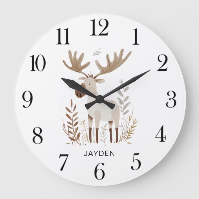 Cute Watercolor Woodland Moose Personalised Large Clock (Front)