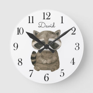 Cute Watercolor Woodland Raccoon  Round Clock