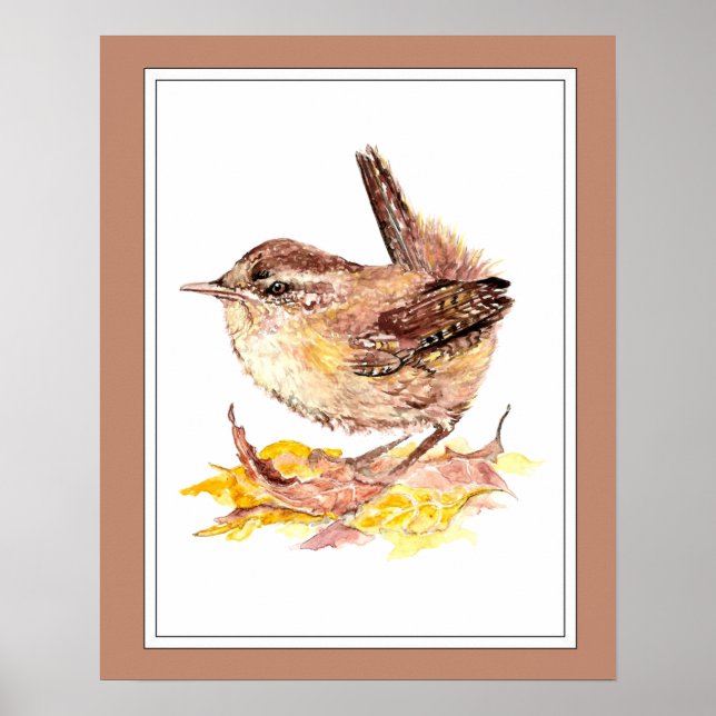 Cute Watercolor Wren Bird, Nature, Wildlife Garden Poster (Front)