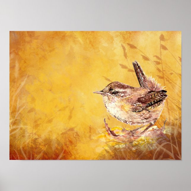 Cute Watercolor Wren Bird Painting Poster (Front)