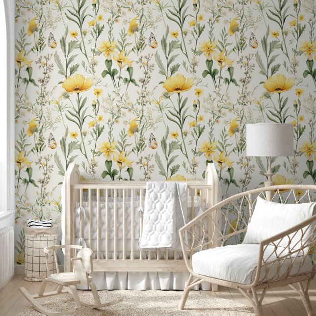 Cute Watercolor Yellow Green Wildflowers Floral Wallpaper (Kids)