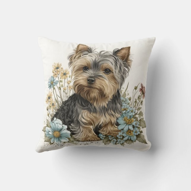 Cute Watercolor Yorkshire Terrier Puppy Dog Cushion (Back)