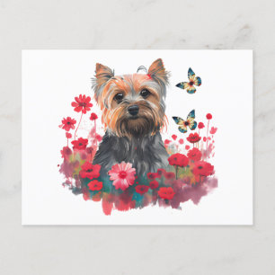 Cute Watercolor Yorkshire Terrier Puppy & Flowers Postcard
