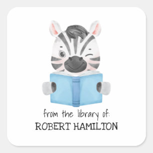CUTE WATERCOLOR ZEBRA READING BOOK BOOKPLATE SQUARE STICKER