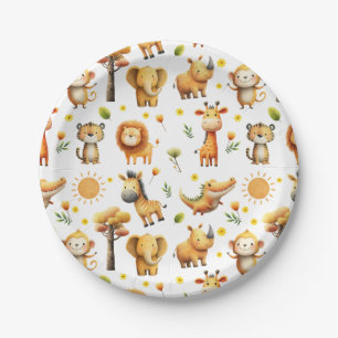 Cute Watercolor ZOO Animals Safari Pattern Festive Paper Plate