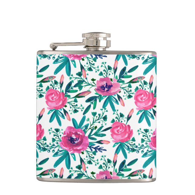 Cute Watercolors Red Flowers Hip Flask (Front)