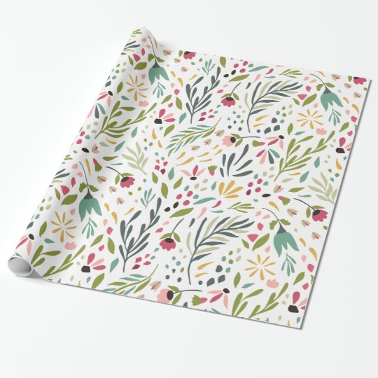 Cute Watercolors Spring Flowers & Leafs Wrapping Paper
