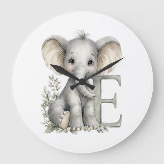 Cute watercolour baby animal alphabet Elephant Large Clock