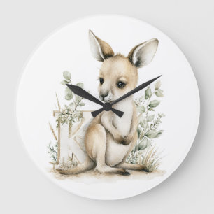 Cute watercolour baby animal alphabet Kangaroo Large Clock