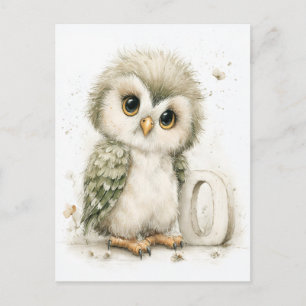 Cute Watercolour Baby Animals Alphabet Owl Postcard