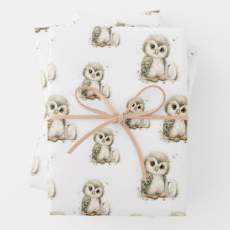 Cute Watercolour Baby Animals Alphabet Owl Wrapping Paper Sheet