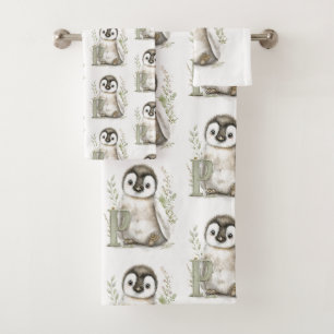 Cute Watercolour Baby Animals Alphabet Penguin Bath Towel Set