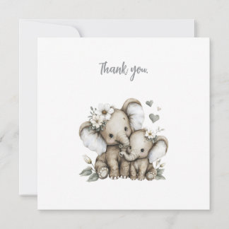 Cute Watercolour Baby Girl Elephants with Flowers  Thank You Card