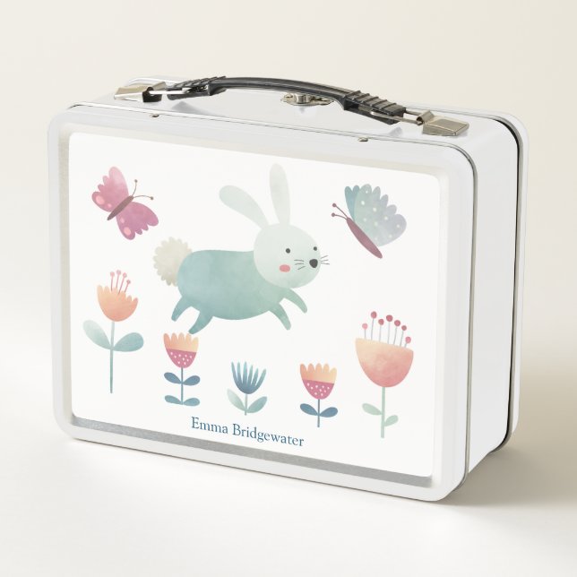 Cute watercolour Bunny & flowers  Personalised   M Metal Lunch Box (Back)