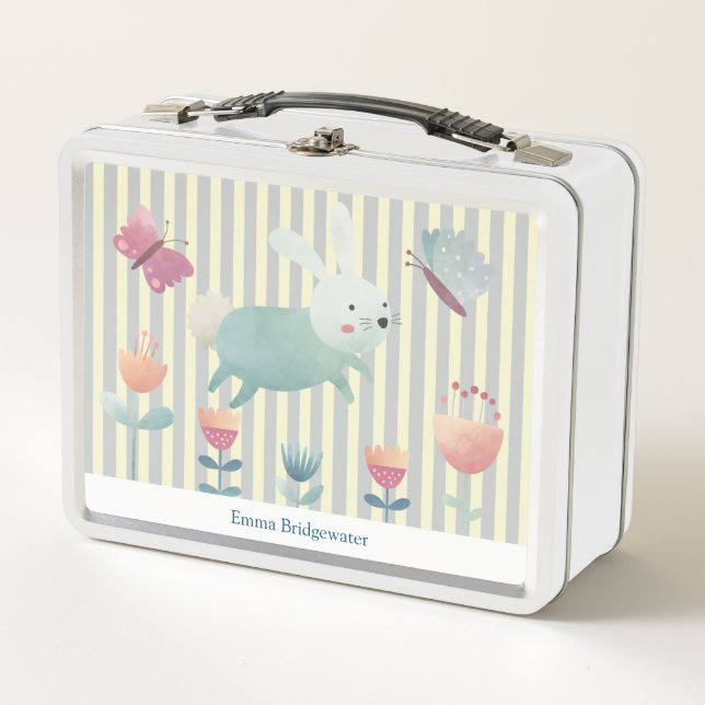 Cute watercolour Bunny & flowers  Personalised    Metal Lunch Box (Front)