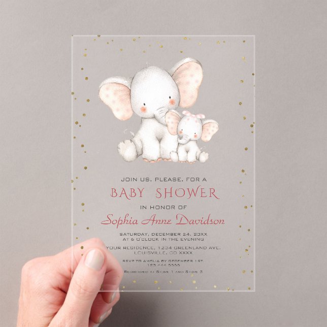 Cute Watercolour Elephant Girl Baby Shower Acrylic Invitations (Insitu (Handheld))