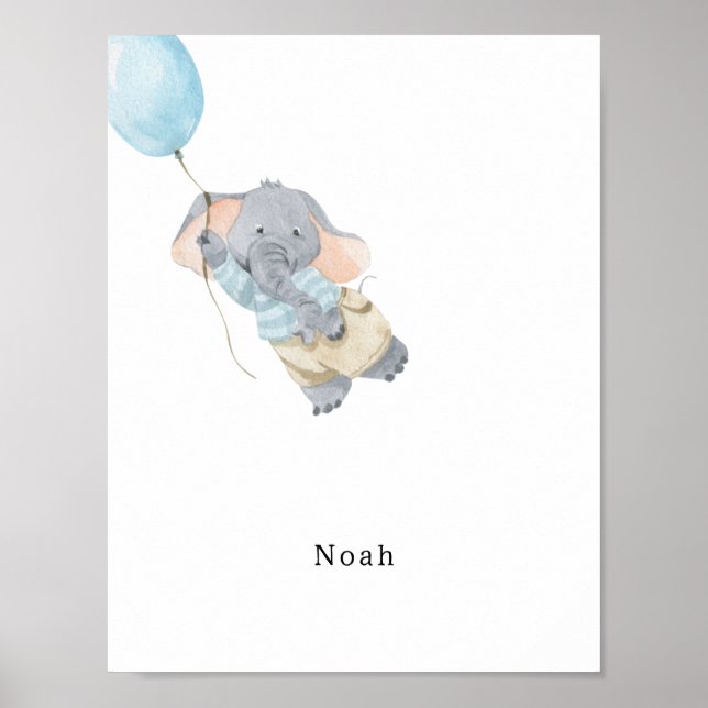 Cute Watercolour Elephant With Balloon Name Poster (Front)