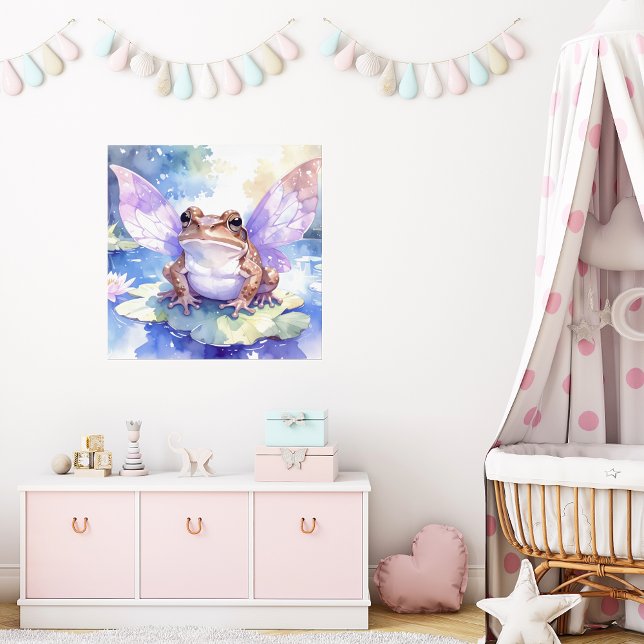 Cute Watercolour Fairy Frog | Girls Nursery Art Poster (fairy frog nursery art. girls bedroom wall decor. cottagecore baby room. fairycore kids decor)