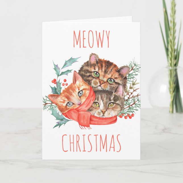 Cute Watercolour Kittens Meowy Christmas Card (Front)