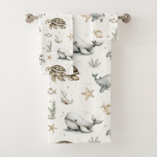 Cute Watercolour Ocean Baby Animals Bath Towel Set