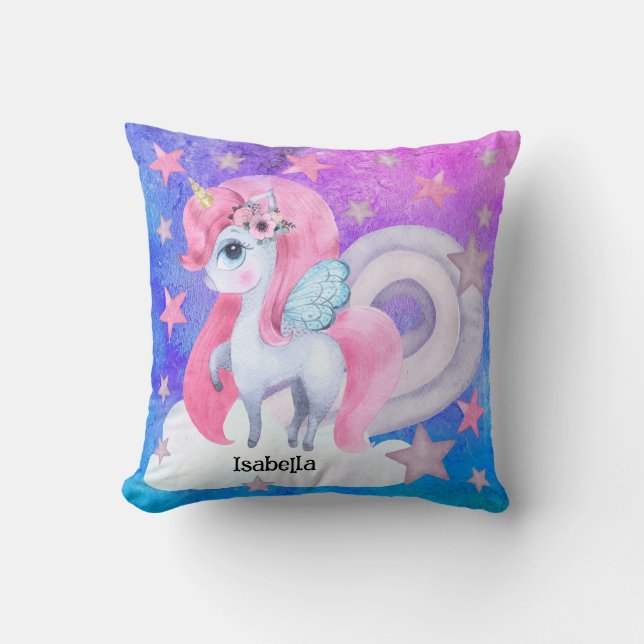 Cute Watercolour Rainbow Unicorn Personalised Cushion (Front)