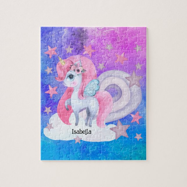 Cute Watercolour Rainbow Unicorn Personalised Jigsaw Puzzle (Vertical)