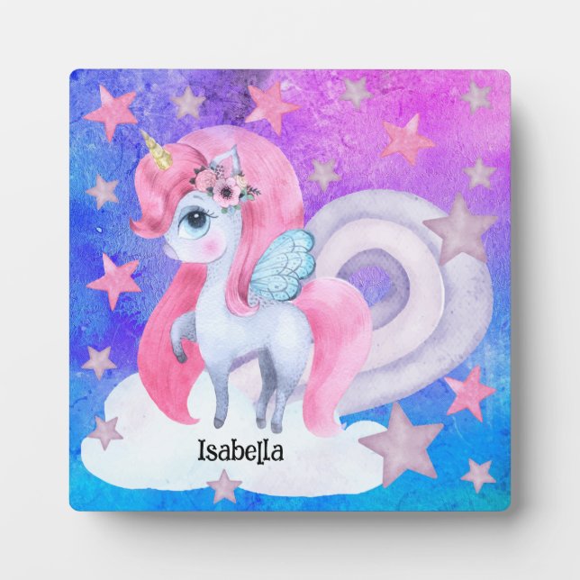 Cute Watercolour Rainbow Unicorn Personalised Plaque (Front)