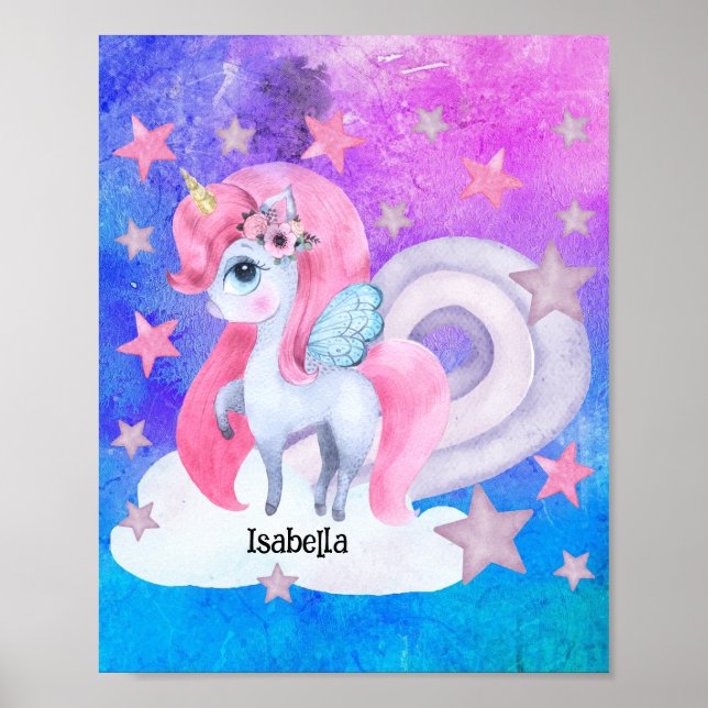 Cute Watercolour Rainbow Unicorn Personalised Poster (Front)